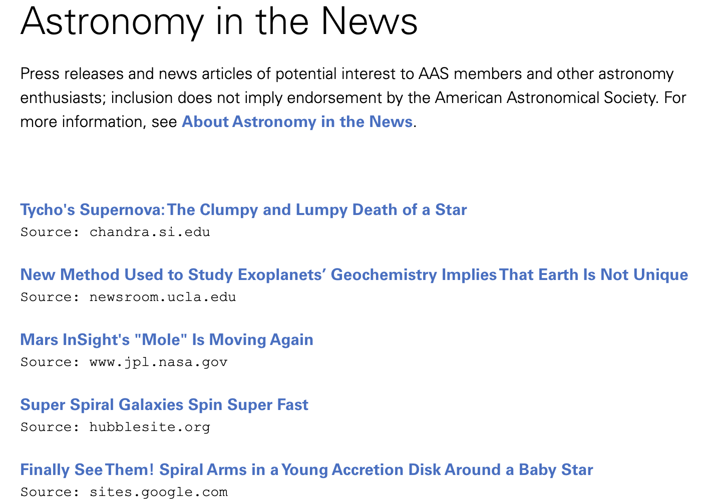 Astronomy in the News Page