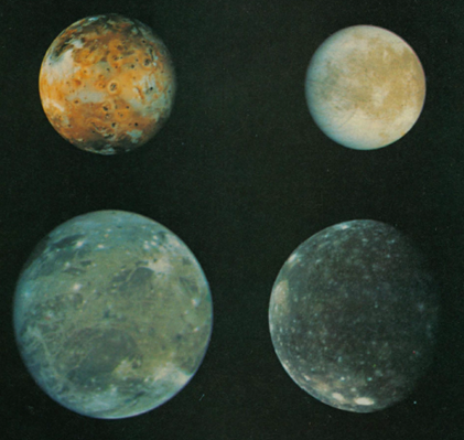 Color images of Galilean satellites, clockwise from top left: Io, Europa, Callisto, Ganymede